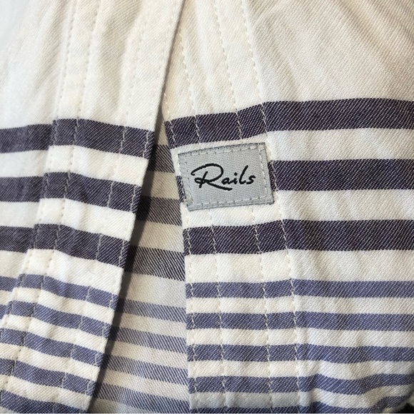 Rails blue and white horizontal stripe button down rayon blouse Chinese collar L - Picture 3 of 10